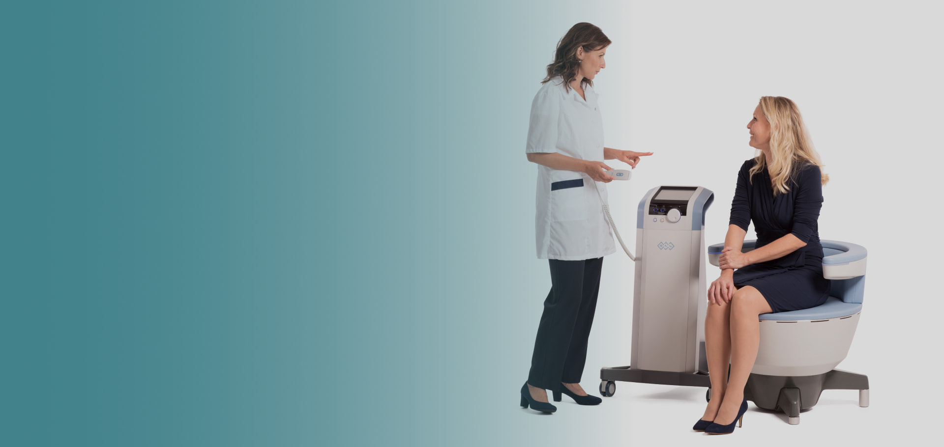 Patient receiving non-invasive pelvic floor strengthening therapy from a medical specialist